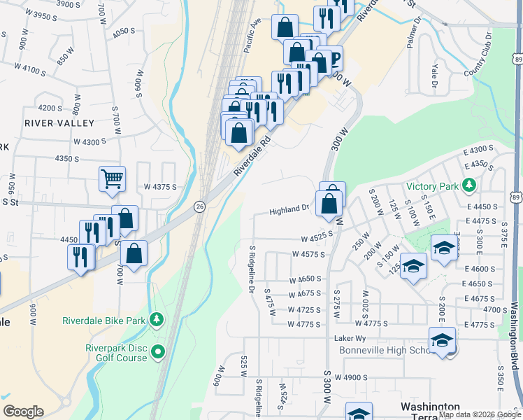 map of restaurants, bars, coffee shops, grocery stores, and more near 492 West Highland Drive in Riverdale