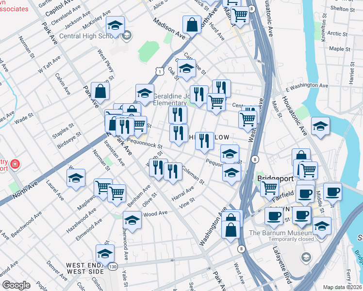 map of restaurants, bars, coffee shops, grocery stores, and more near 29 Jones Avenue in Bridgeport