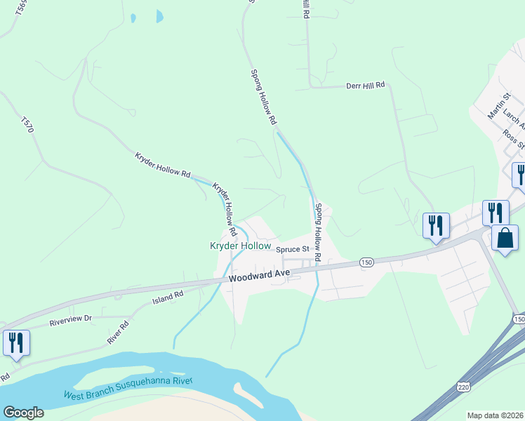 map of restaurants, bars, coffee shops, grocery stores, and more near 44 Custer Lane in Lock Haven