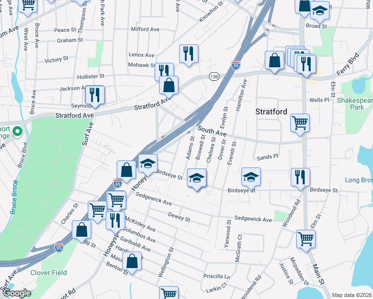 map of restaurants, bars, coffee shops, grocery stores, and more near 71 Adams Street in Stratford