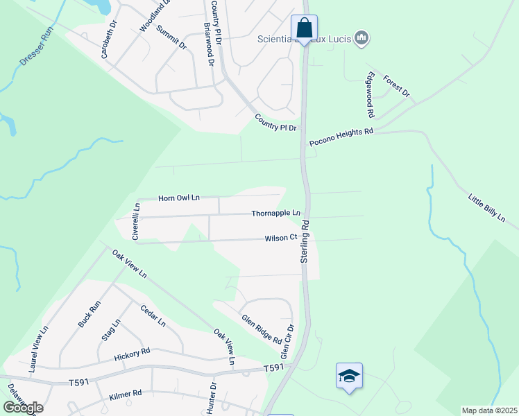 map of restaurants, bars, coffee shops, grocery stores, and more near 132 Thornapple Lane in Tobyhanna