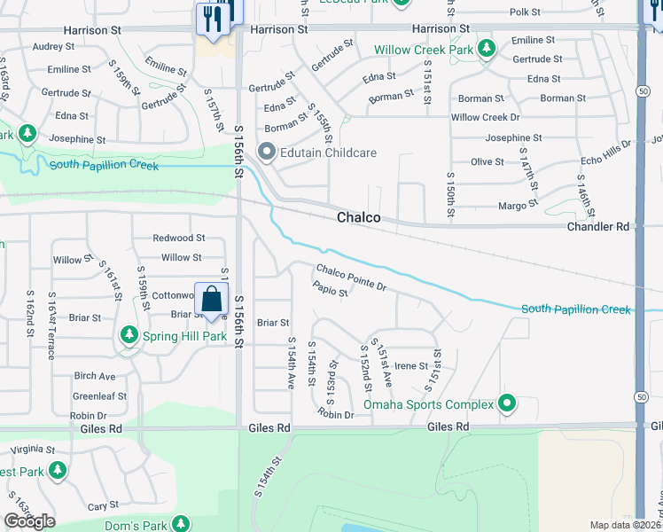 map of restaurants, bars, coffee shops, grocery stores, and more near 15324 Chalco Pointe Drive in Omaha