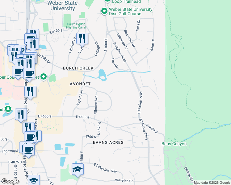 map of restaurants, bars, coffee shops, grocery stores, and more near 4420 Park View Drive in Ogden