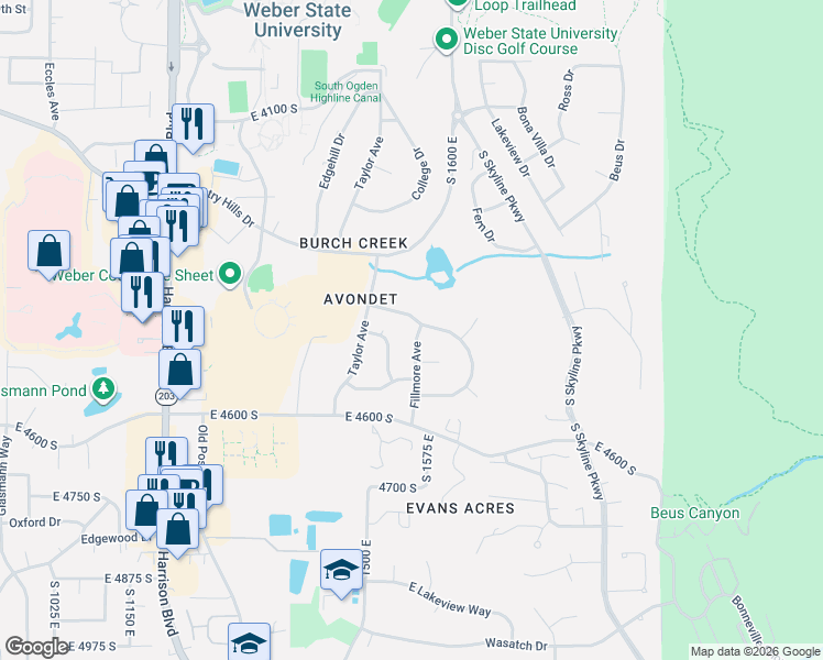 map of restaurants, bars, coffee shops, grocery stores, and more near 1562 Pinecrest Drive in Ogden