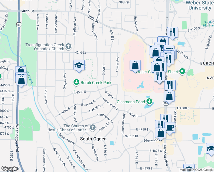 map of restaurants, bars, coffee shops, grocery stores, and more near 4374 Gramercy Avenue in Ogden