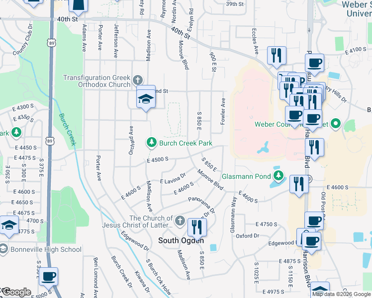 map of restaurants, bars, coffee shops, grocery stores, and more near 4397 Monroe Boulevard in Ogden