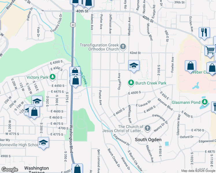 map of restaurants, bars, coffee shops, grocery stores, and more near 4401 Jefferson Avenue in Ogden