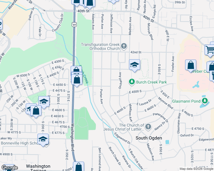 map of restaurants, bars, coffee shops, grocery stores, and more near 4401 Jefferson Avenue in Ogden