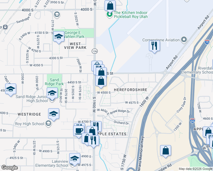 map of restaurants, bars, coffee shops, grocery stores, and more near 4460 South 1900 West in Roy