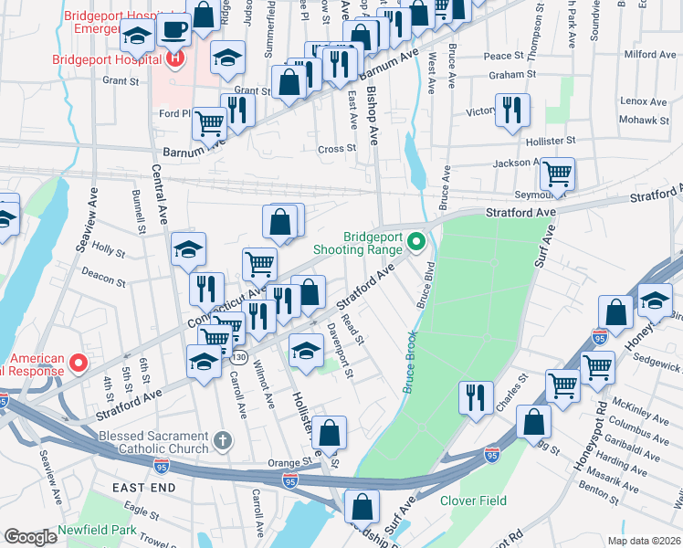 map of restaurants, bars, coffee shops, grocery stores, and more near 84 Waterman Street in Bridgeport