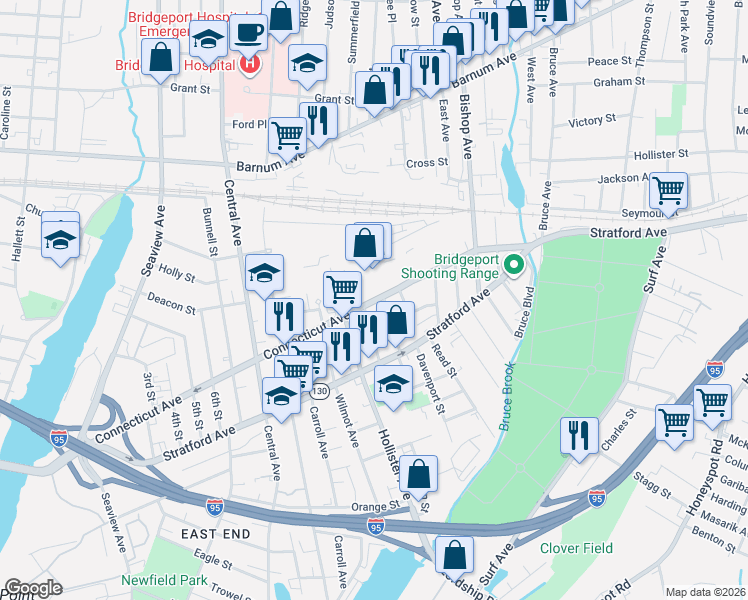 map of restaurants, bars, coffee shops, grocery stores, and more near 955 Connecticut Avenue in Bridgeport