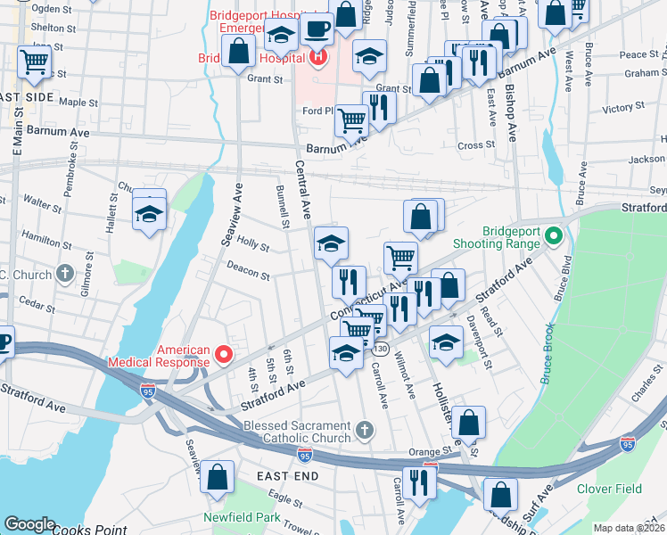 map of restaurants, bars, coffee shops, grocery stores, and more near 800 Union Avenue in Bridgeport