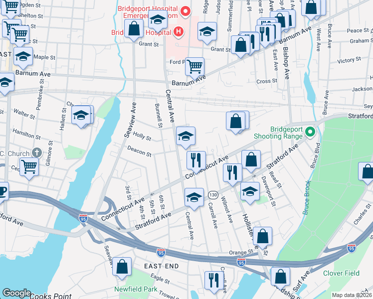 map of restaurants, bars, coffee shops, grocery stores, and more near 800 Union Avenue in Bridgeport