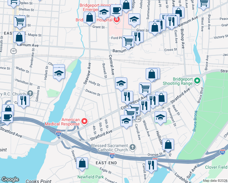 map of restaurants, bars, coffee shops, grocery stores, and more near 1117 Central Avenue in Bridgeport