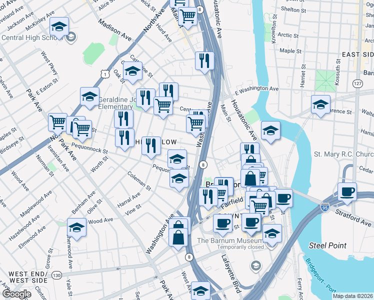 map of restaurants, bars, coffee shops, grocery stores, and more near 55 Sanford Avenue in Bridgeport