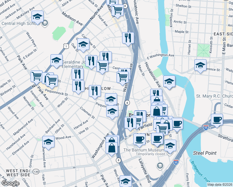 map of restaurants, bars, coffee shops, grocery stores, and more near 55 Sanford Avenue in Bridgeport
