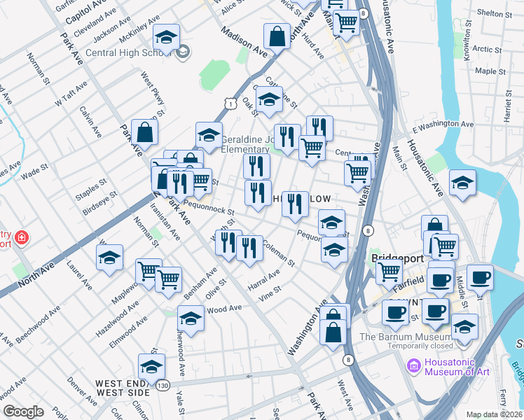 map of restaurants, bars, coffee shops, grocery stores, and more near 68 Jones Avenue in Bridgeport