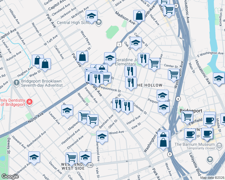 map of restaurants, bars, coffee shops, grocery stores, and more near 1002 Grand Street in Bridgeport