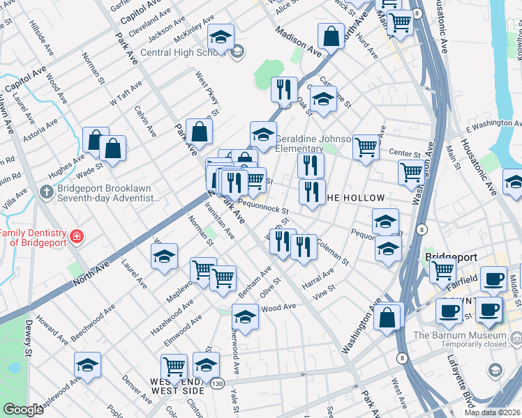 map of restaurants, bars, coffee shops, grocery stores, and more near 522 Pequonnock Street in Bridgeport