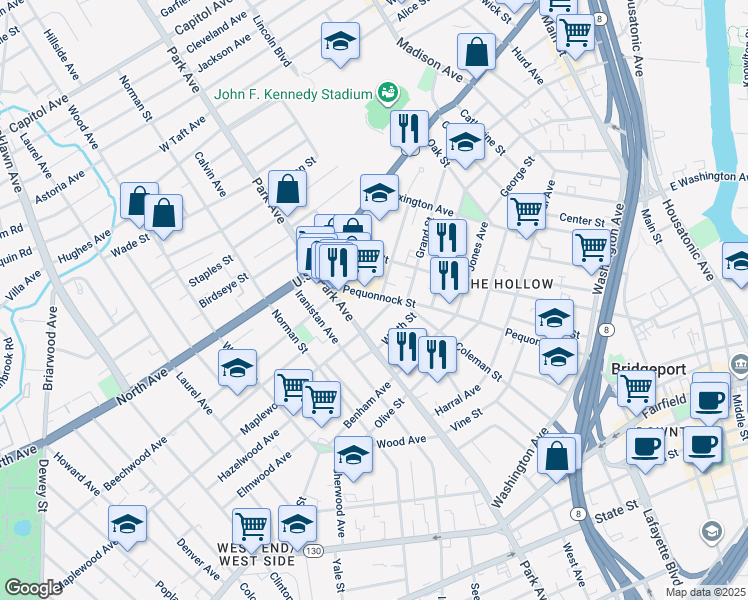 map of restaurants, bars, coffee shops, grocery stores, and more near 522 Pequonnock Street in Bridgeport