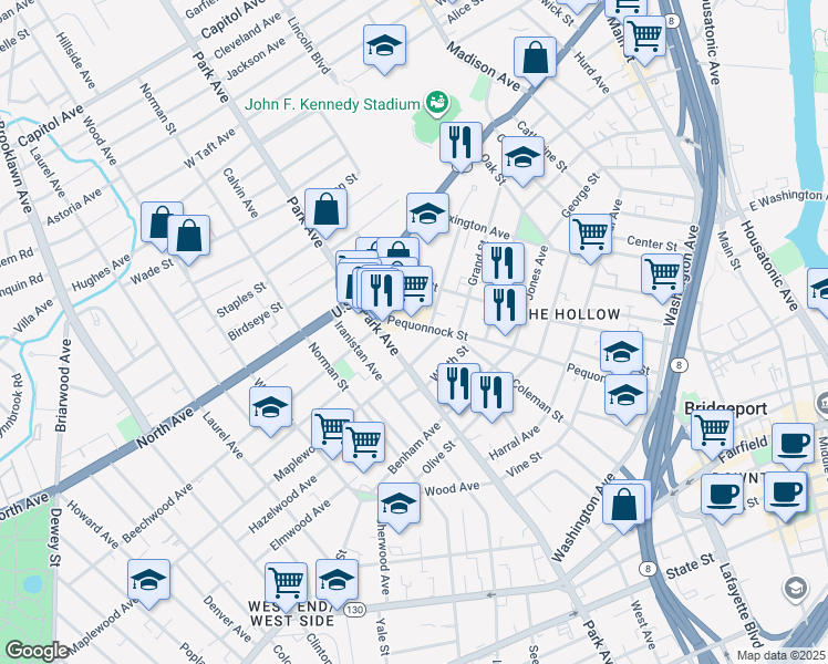 map of restaurants, bars, coffee shops, grocery stores, and more near 522 Pequonnock Street in Bridgeport