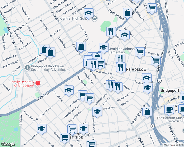 map of restaurants, bars, coffee shops, grocery stores, and more near 1647 Park Avenue in Bridgeport