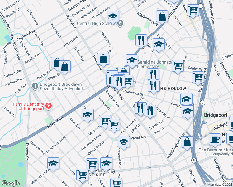 map of restaurants, bars, coffee shops, grocery stores, and more near 1647 Park Avenue in Bridgeport