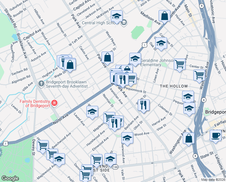 map of restaurants, bars, coffee shops, grocery stores, and more near 1809 North Avenue in Bridgeport
