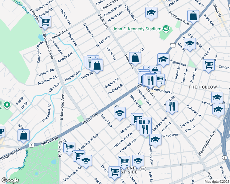 map of restaurants, bars, coffee shops, grocery stores, and more near 170 Birdseye Street in Bridgeport