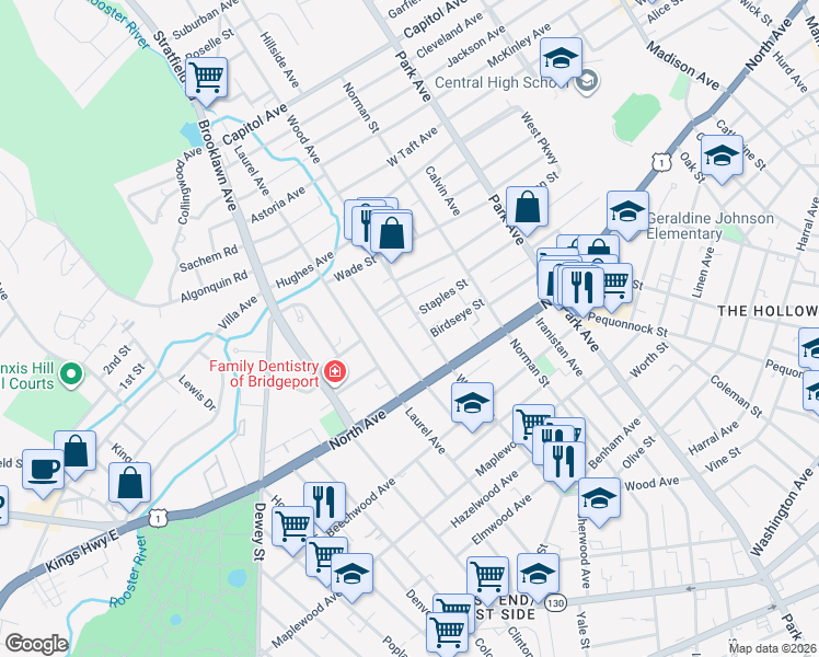 map of restaurants, bars, coffee shops, grocery stores, and more near 774 Wood Avenue in Bridgeport