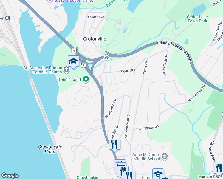 map of restaurants, bars, coffee shops, grocery stores, and more near 121 Brooke Club Drive in Ossining