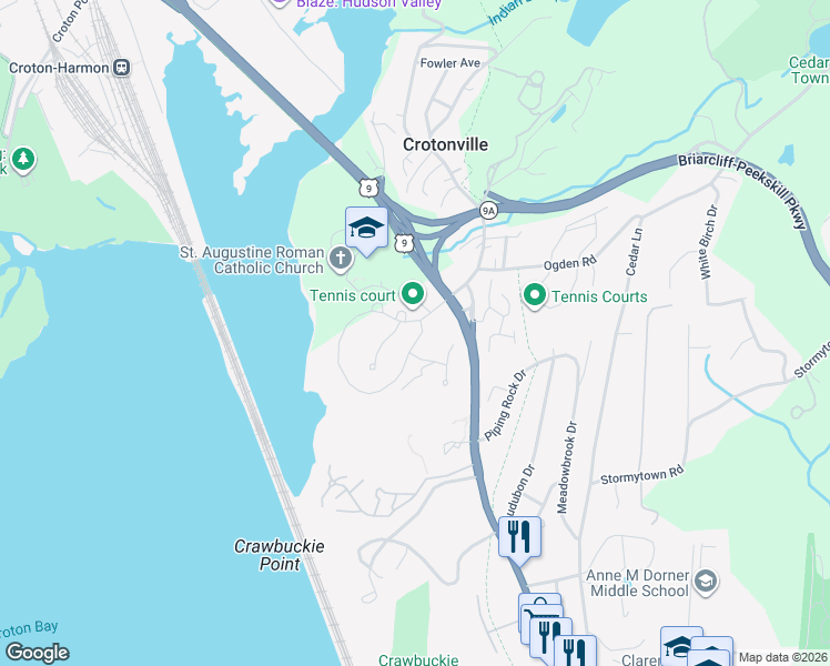map of restaurants, bars, coffee shops, grocery stores, and more near 2 High Ridge Road in Ossining