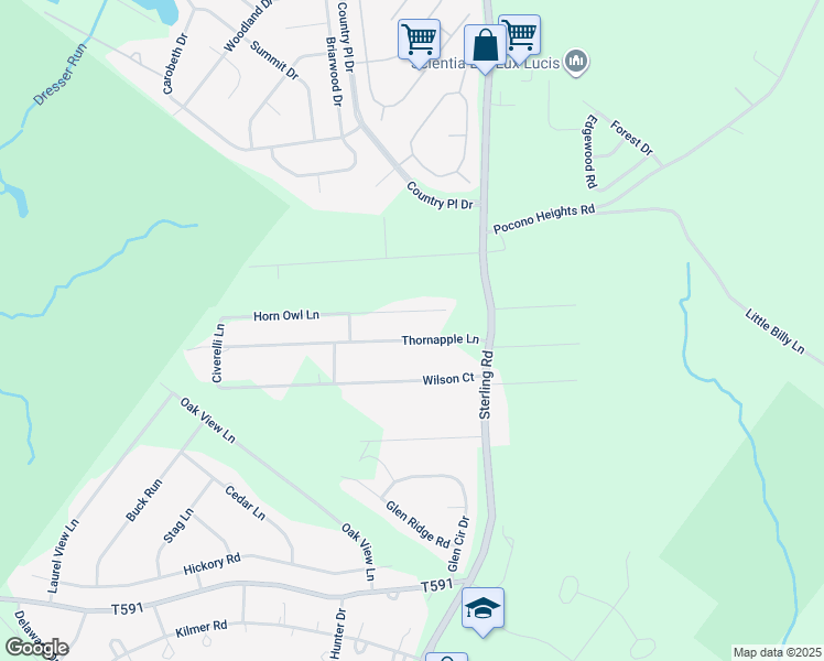 map of restaurants, bars, coffee shops, grocery stores, and more near 132 Thornapple Lane in Tobyhanna