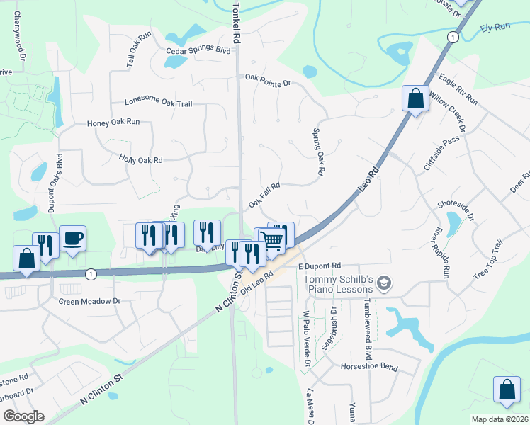map of restaurants, bars, coffee shops, grocery stores, and more near 5610 Oak Fall Road in Fort Wayne