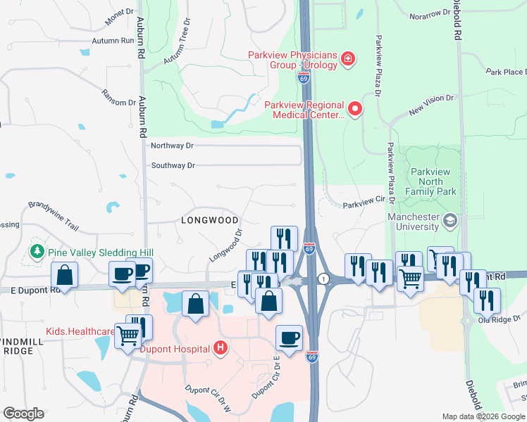 map of restaurants, bars, coffee shops, grocery stores, and more near 2806 Wilderness Road in Fort Wayne
