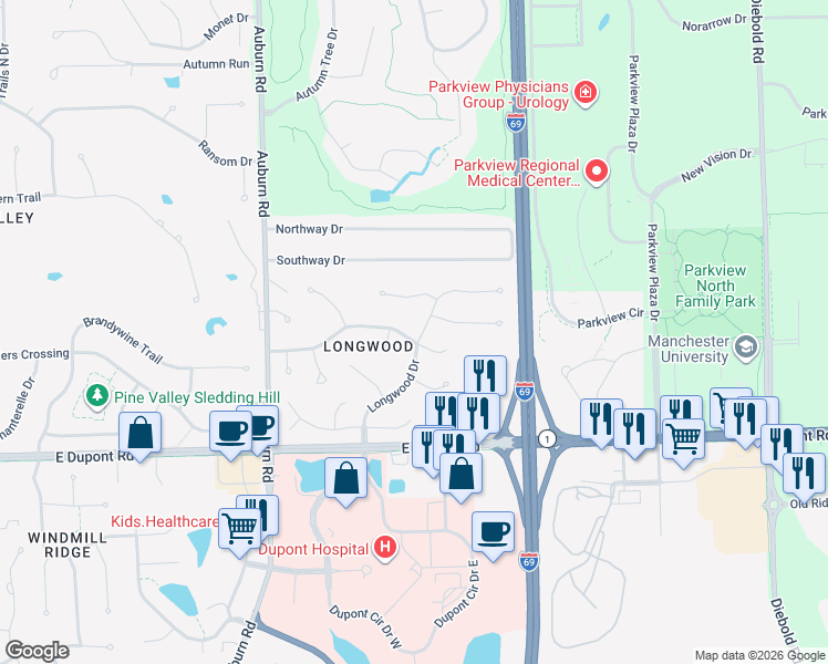 map of restaurants, bars, coffee shops, grocery stores, and more near 2622 Brightwood Court in Fort Wayne