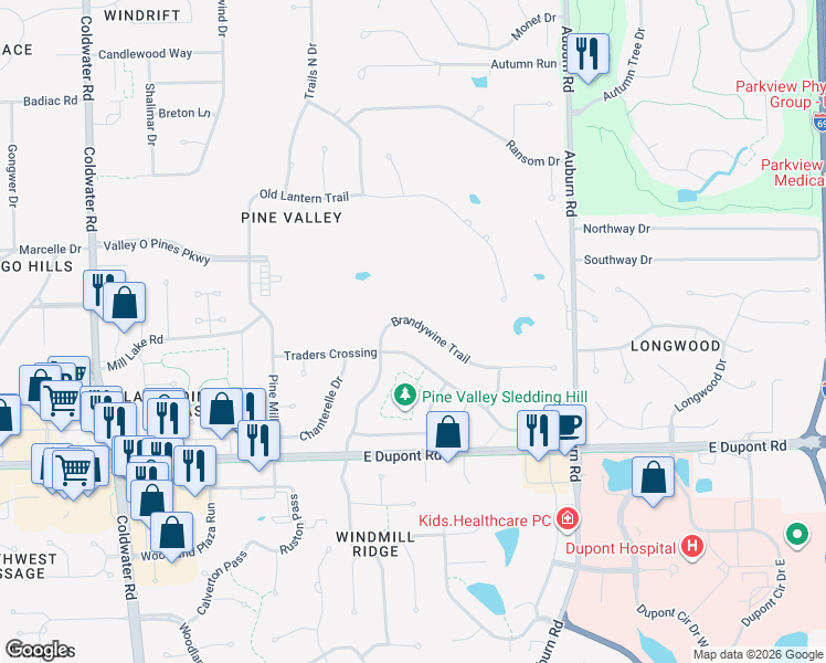 map of restaurants, bars, coffee shops, grocery stores, and more near 1631 Brandywine Trail in Fort Wayne