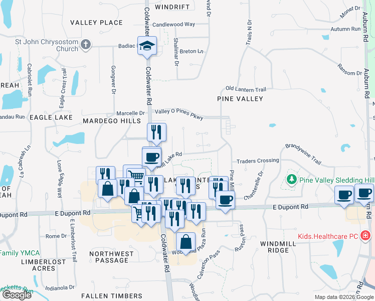 map of restaurants, bars, coffee shops, grocery stores, and more near 10817 Mill Lake Cove in Fort Wayne