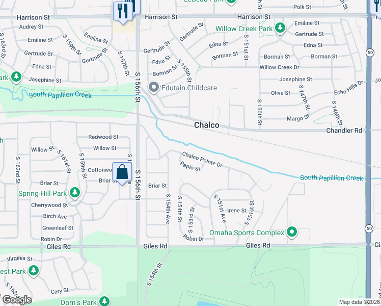 map of restaurants, bars, coffee shops, grocery stores, and more near 15336 Chalco Pointe Drive in Omaha