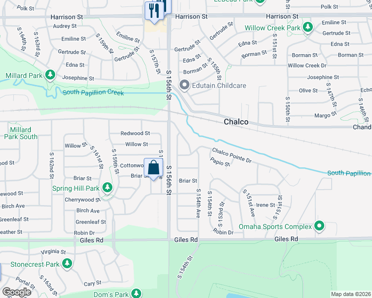 map of restaurants, bars, coffee shops, grocery stores, and more near 7709 South 155th Avenue in Omaha