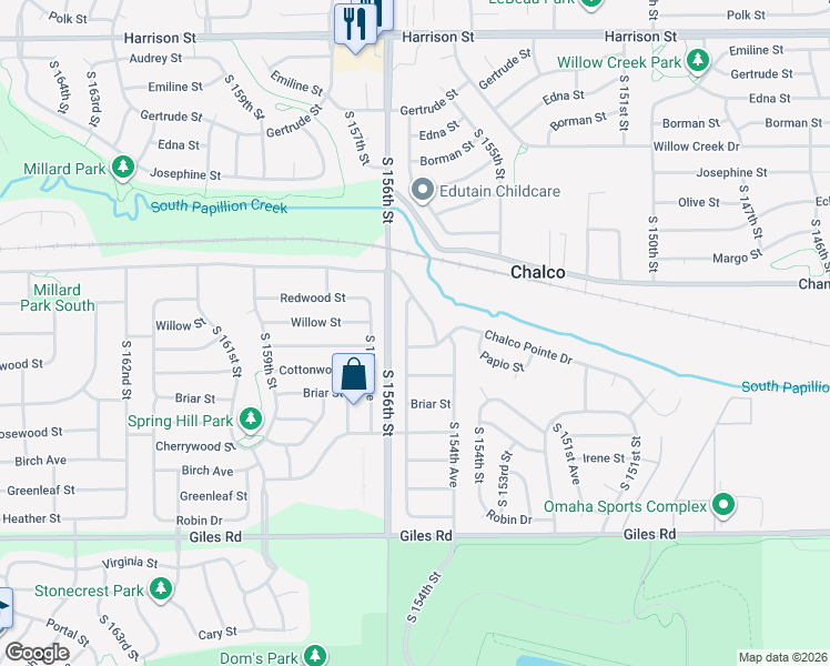 map of restaurants, bars, coffee shops, grocery stores, and more near 7709 South 155th Avenue in Omaha