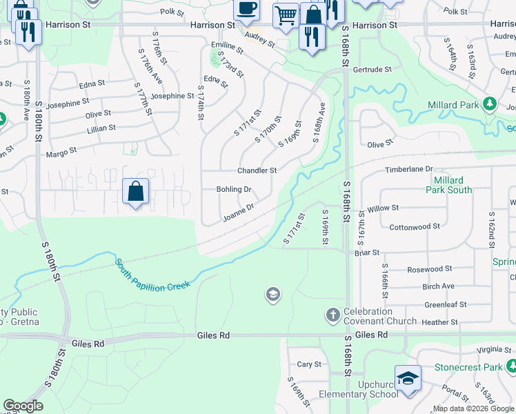 map of restaurants, bars, coffee shops, grocery stores, and more near 17003 Bohling Drive in Omaha