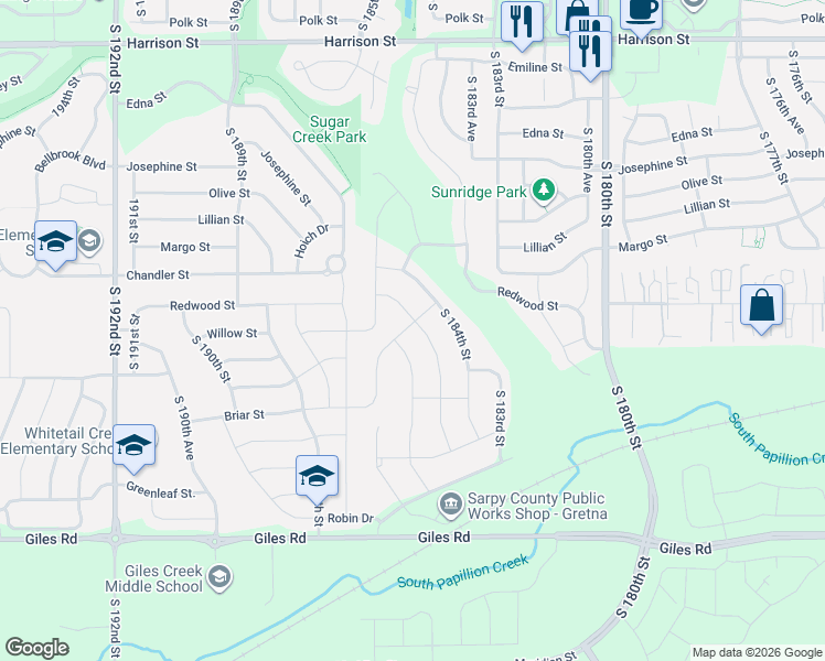 map of restaurants, bars, coffee shops, grocery stores, and more near 7805 South 184th Avenue in Omaha