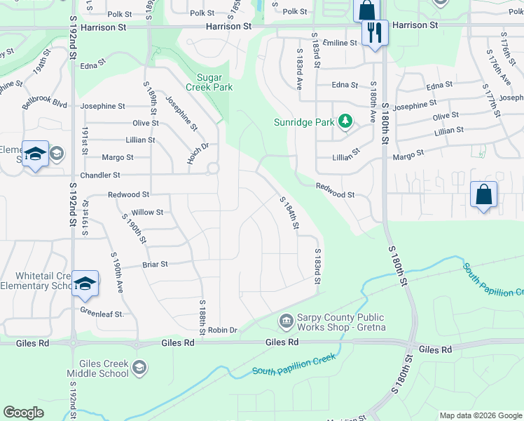 map of restaurants, bars, coffee shops, grocery stores, and more near 7805 South 184th Avenue in Omaha