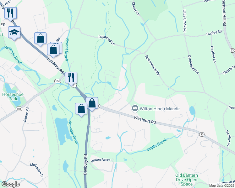 map of restaurants, bars, coffee shops, grocery stores, and more near 20 Westport Road in Wilton