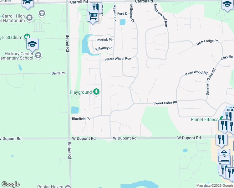map of restaurants, bars, coffee shops, grocery stores, and more near 10999 Middleford Place in Fort Wayne