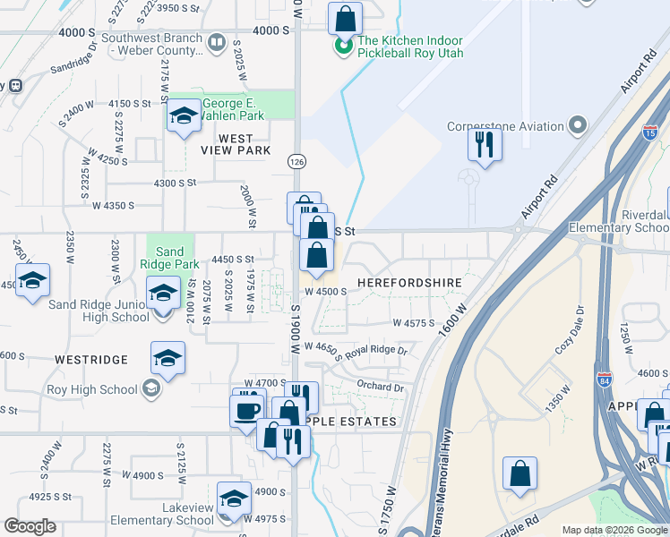 map of restaurants, bars, coffee shops, grocery stores, and more near 4460 South 1900 West in Roy