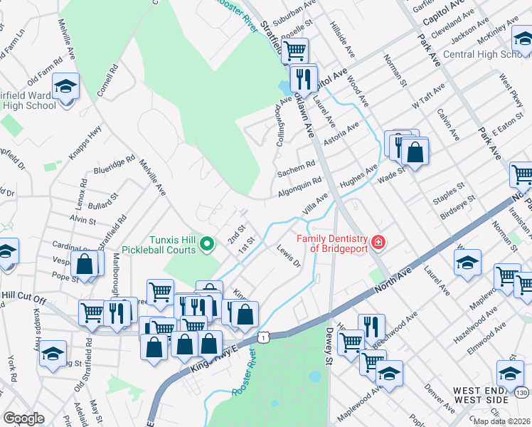 map of restaurants, bars, coffee shops, grocery stores, and more near 233 Algonquin Road in Fairfield