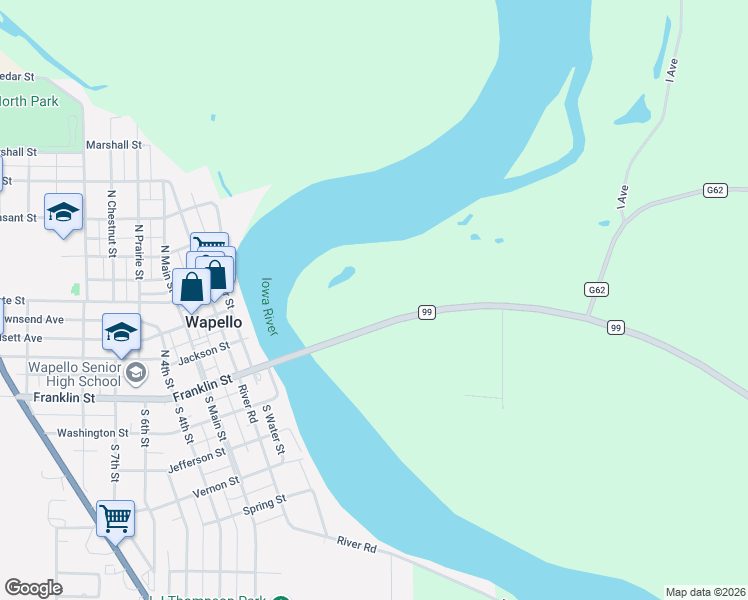 map of restaurants, bars, coffee shops, grocery stores, and more near 13438-13998 Highway 99 in Wapello