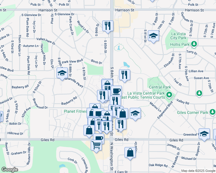 map of restaurants, bars, coffee shops, grocery stores, and more near 7512 South 84th Street in La Vista